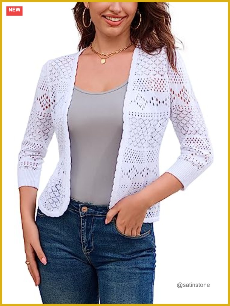 Lightweight Crochet Bolero Shrug, 3/4 Sleeve Open Front Knit Cardigan